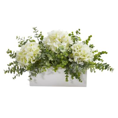 Nearly Natural 15 in. Artificial Hydrangea and Eucalyptus Arrangement in White Vase