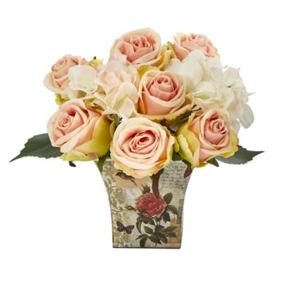 Nearly Natural 8 in. Artificial Rose and Hydrangea Bouquet Arrangement in Floral Vase