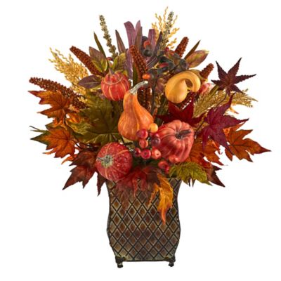 Nearly Natural 21 in. Artificial Pumpkin, Maple Leaf and Sorghum Harvest Arrangement in Metal Planter