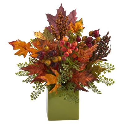 Nearly Natural 17 in. Artificial Maple Leaf, Berries and Maiden Hair Arrangement in Green Vase