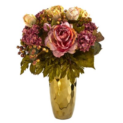 Nearly Natural 19 in. Artificial Peony Arrangement in Gold Vase