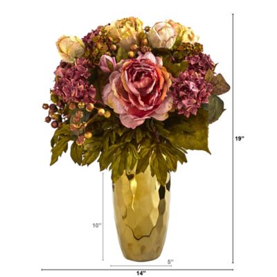 Image showing  19 in. Artificial Peony Arrangement in Gold Vase