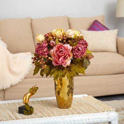 Image showing  19 in. Artificial Peony Arrangement in Gold Vase