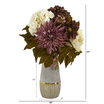 Image showing  17 in. Artificial Peony, Hydrangea and Dahlia Arrangement in Stoneware Vase with Gold Trimming, A1473