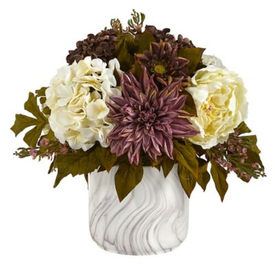 Nearly Natural 15 in. Artificial Peony, Hydrangea and Dahlia Arrangement in Marble Finished Vase