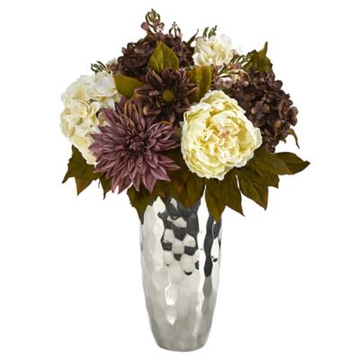 Nearly Natural 22 in. Artificial Peony, Hydrangea and Dahlia Arrangement in Silver Vase