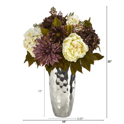 Image showing  22 in. Artificial Peony, Hydrangea and Dahlia Arrangement in Silver Vase