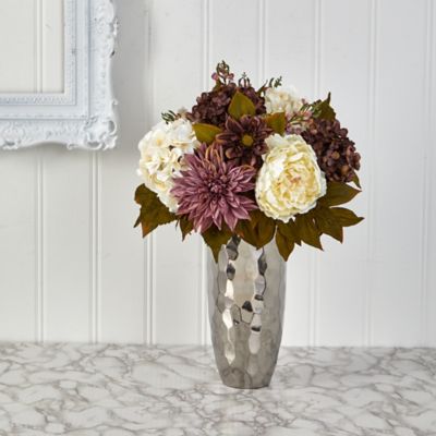 Image showing  22 in. Artificial Peony, Hydrangea and Dahlia Arrangement in Silver Vase