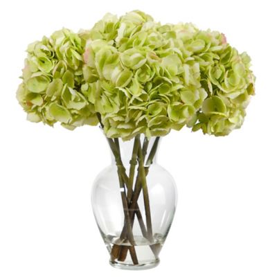Nearly Natural 18 in. Artificial Hydrangea Arrangement in Glass Vase, Green, A1488