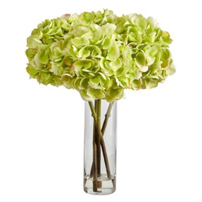 Nearly Natural 18 in. Artificial Hydrangea Arrangement in Glass Vase, Green, A1499