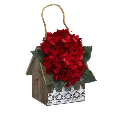 Nearly Natural 10 in. Artificial Hydrangea Arrangement in Hanging Floral Design House Planter