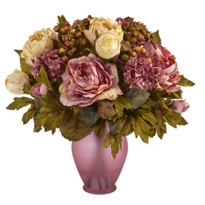 Nearly Natural 16 in. Artificial Peony Arrangement in Rose Colored Vase