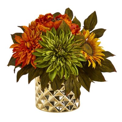 Nearly Natural 11 in. Artificial Peony, Dahlia and Sunflower Arrangement in Gold Vase