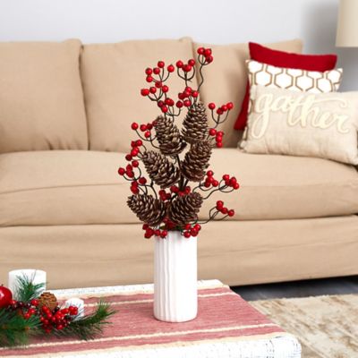 Image showing  23 in. Artificial Pinecone and Berries Arrangement in White Vase
