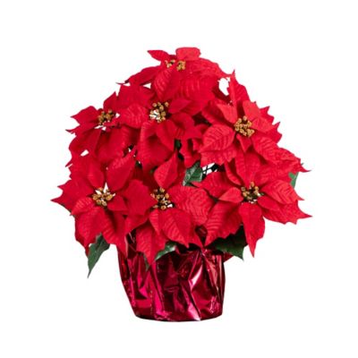 Nearly Natural 19 in. Artificial Lush Poinsettia Arrangement in Red Wrapped Planter