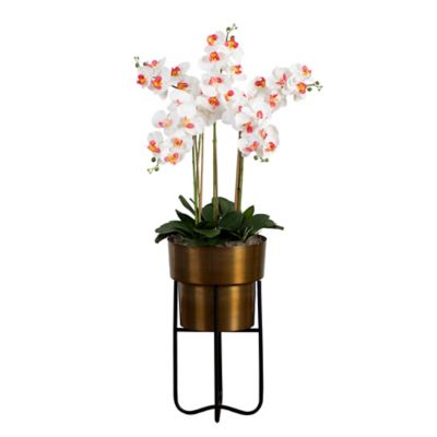 Nearly Natural 48 in. Artificial Orchid Arrangement in Brass Metal Planter with Stand