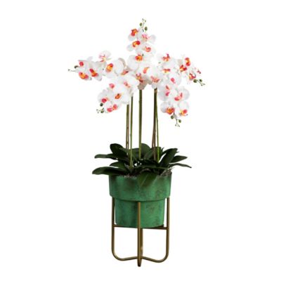 Nearly Natural 43 in. Artificial Orchid Arrangement in Patina Metal Planter with Stand