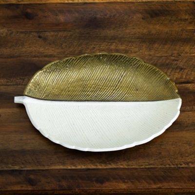 Image showing 7 th Nearly Natural 14 in. Gold and White Leaf Decorative Accent Tray