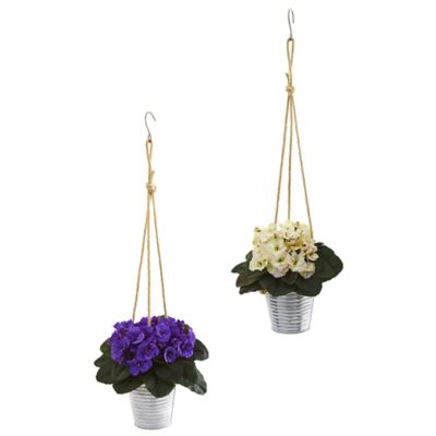 Nearly Natural 21 in. Artificial African Violet Plant in Hanging Bucket, 2 pc.