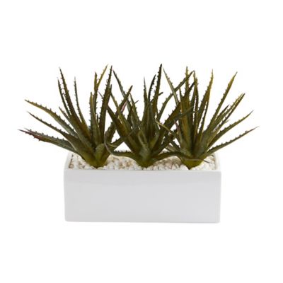 Nearly Natural 11 in. Artificial Aloe Succulent Plant in White Planter