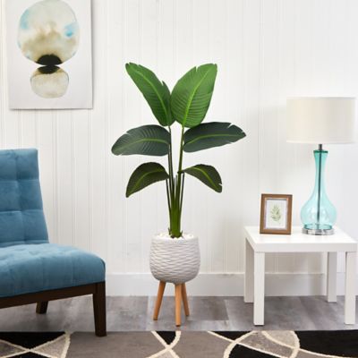 Image showing  Artificial 5 ft. Travelers Palm Plant in White Planter with Stand, Real Touch