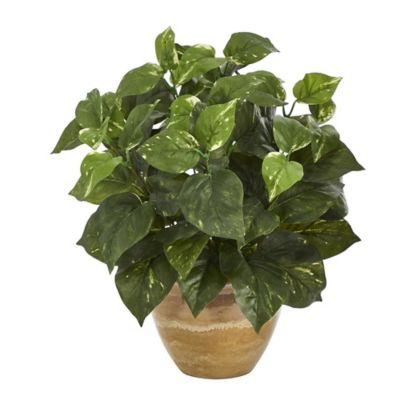 Nearly Natural Artificial 14 in. Pothos Plant in Ceramic Planter