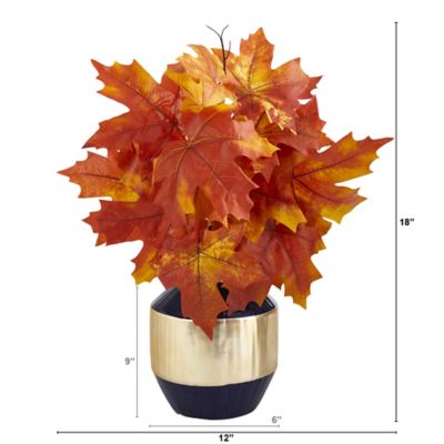 Image showing  18 in. Artificial Autumn Maple Leaf Plant in Blue and Gold Planter