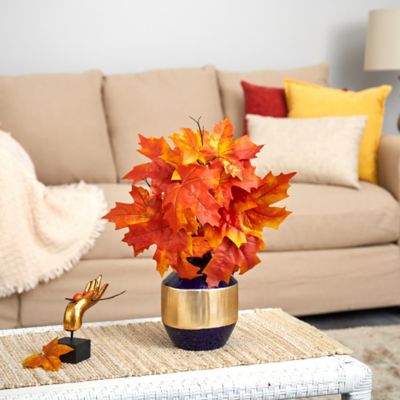 Image showing  18 in. Artificial Autumn Maple Leaf Plant in Blue and Gold Planter
