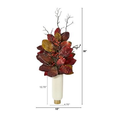 Image showing  38 in. Artificial Autumn Magnolia Leaf with Berries Plant in Cream Planter with Gold Base