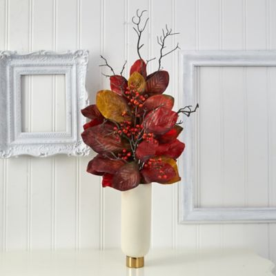 Image showing  38 in. Artificial Autumn Magnolia Leaf with Berries Plant in Cream Planter with Gold Base