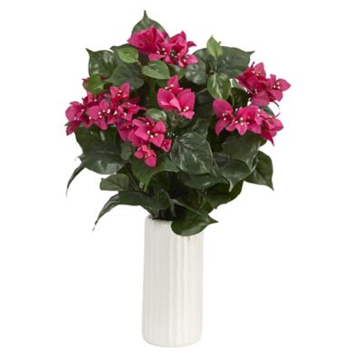 Nearly Natural 18 in. Artificial Bougainvillea Plant in White Planter