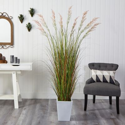 Image showing 2 th Nearly Natural 74 in. Artificial Grass Plant in White Metal Planter
