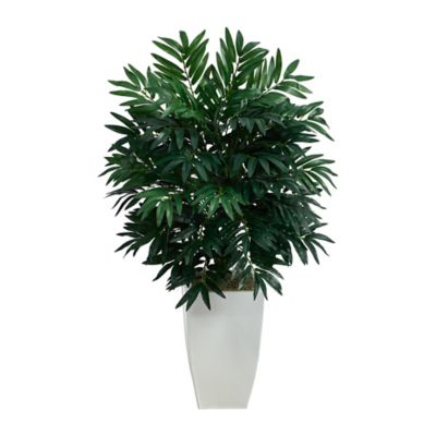 Nearly Natural 3 ft. Artificial Bamboo Palm Plant in White Metal Planter