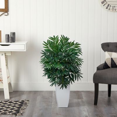 Image showing  3 ft. Artificial Bamboo Palm Plant in White Metal Planter