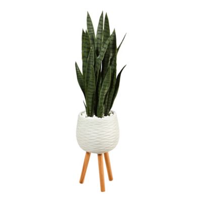 Nearly Natural 46 in. Artificial Sansevieria Plant in White Planter with Stand