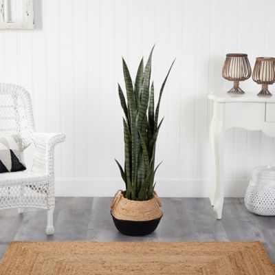 Image showing  46 in. Artificial Sansevieria Plant in Boho Chic Handmade Cotton & Jute White Woven Planter