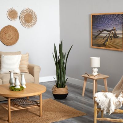 Image showing  46 in. Artificial Sansevieria Plant in Boho Chic Handmade Cotton & Jute White Woven Planter