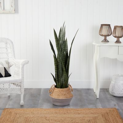 Image showing  46 in. Artificial Sansevieria Plant in Boho Chic Handmade Cotton & Jute Gray Woven Planter