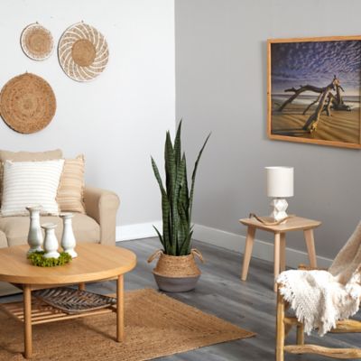 Image showing  46 in. Artificial Sansevieria Plant in Boho Chic Handmade Cotton & Jute Gray Woven Planter