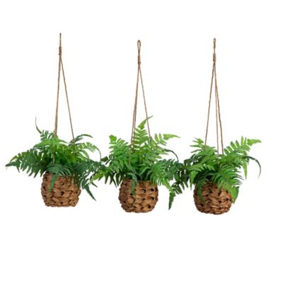 Nearly Natural 10 in. Artificial Boston Fern in Hanging Wicker Basket, UV Resistant, Indoor/Outdoor, 3 pc.