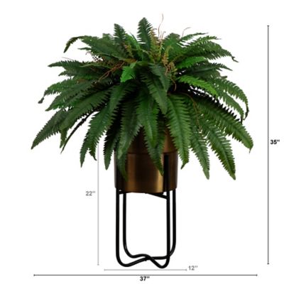 Image showing  35 in. Artificial Boston Fern in Brass Metal Planter with Stand