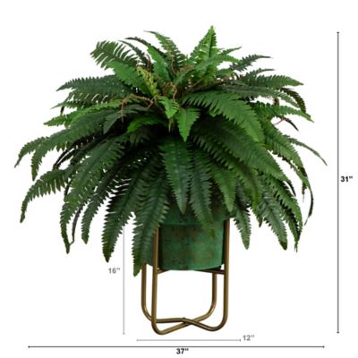 Image showing  31 in. Artificial Boston Fern in Patina Metal Planter with Stand