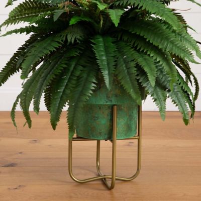 Image showing  31 in. Artificial Boston Fern in Patina Metal Planter with Stand