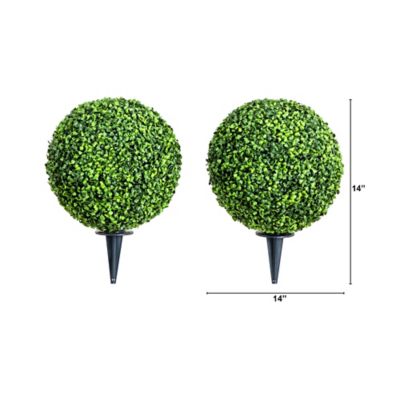 Image showing  14 in. Artificial Boxwood Ball Topiary with Integrated Ground Stake, UV Resistant, Indoor/Outdoor, 2 pc.