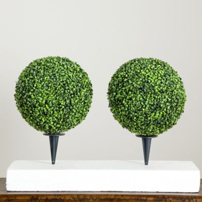 Image showing 9 th Nearly Natural 14 in. Artificial Boxwood Ball Topiary with Integrated Ground Stake, UV Resistant, Indoor/Outdoor, 2 pc.