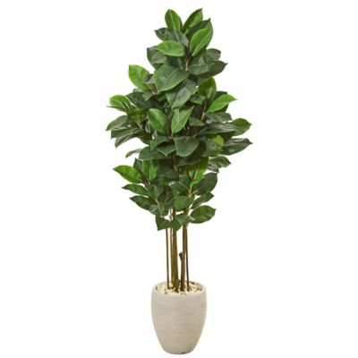Nearly Natural 65 in. Artificial Rubber Leaf Tree in Sand Colored Planter