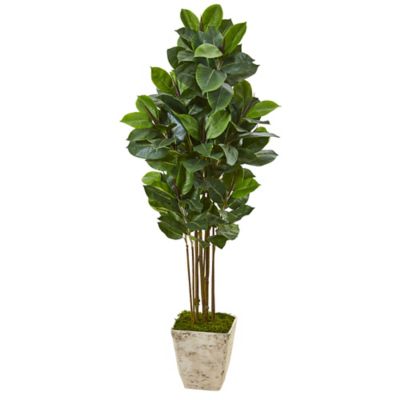 Nearly Natural 63 in. Artificial Rubber Leaf Tree in Country White Planter