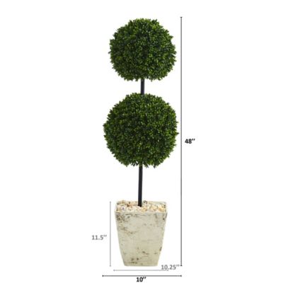 Image showing  Artificial 4 ft. Boxwood Double Ball Topiary Tree in Country White Planter, UV-Resistant, Indoor/Outdoor