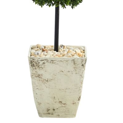 Image showing  Artificial 4 ft. Boxwood Double Ball Topiary Tree in Country White Planter, UV-Resistant, Indoor/Outdoor