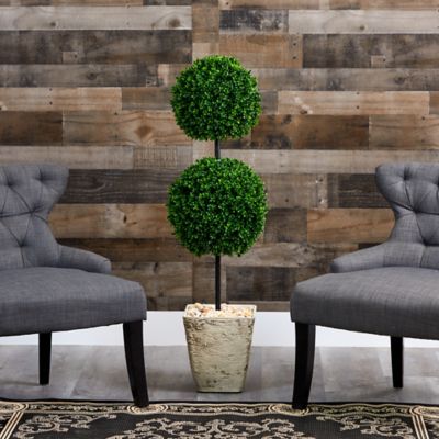 Image showing  Artificial 4 ft. Boxwood Double Ball Topiary Tree in Country White Planter, UV-Resistant, Indoor/Outdoor